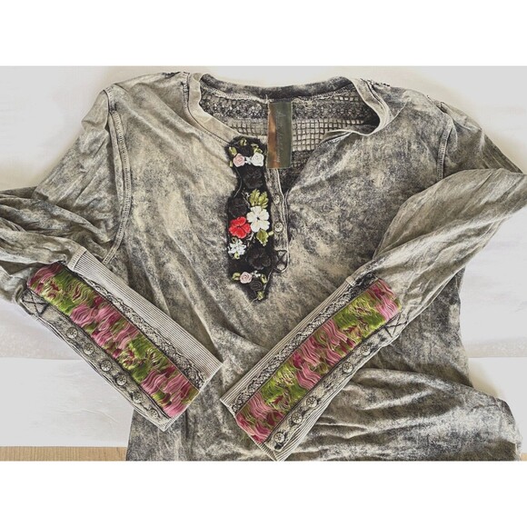 Aratta Silent Journey S Mineral Acid Wash Embroidered Long Sleeve Shirt Hippie - Picture 8 of 10